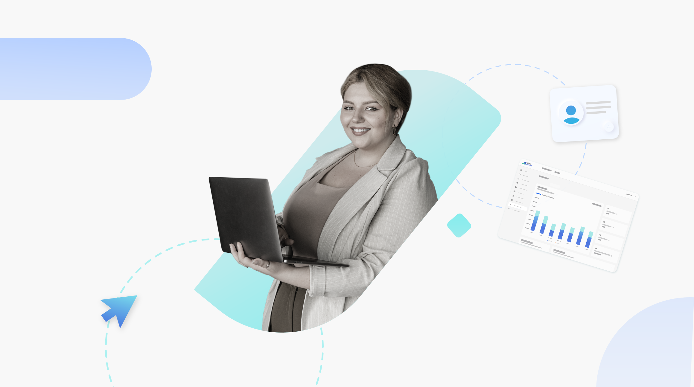 Image for Airalo Partners blog abot partnership solution of a women holding a laptop smiling with eSIMs around her