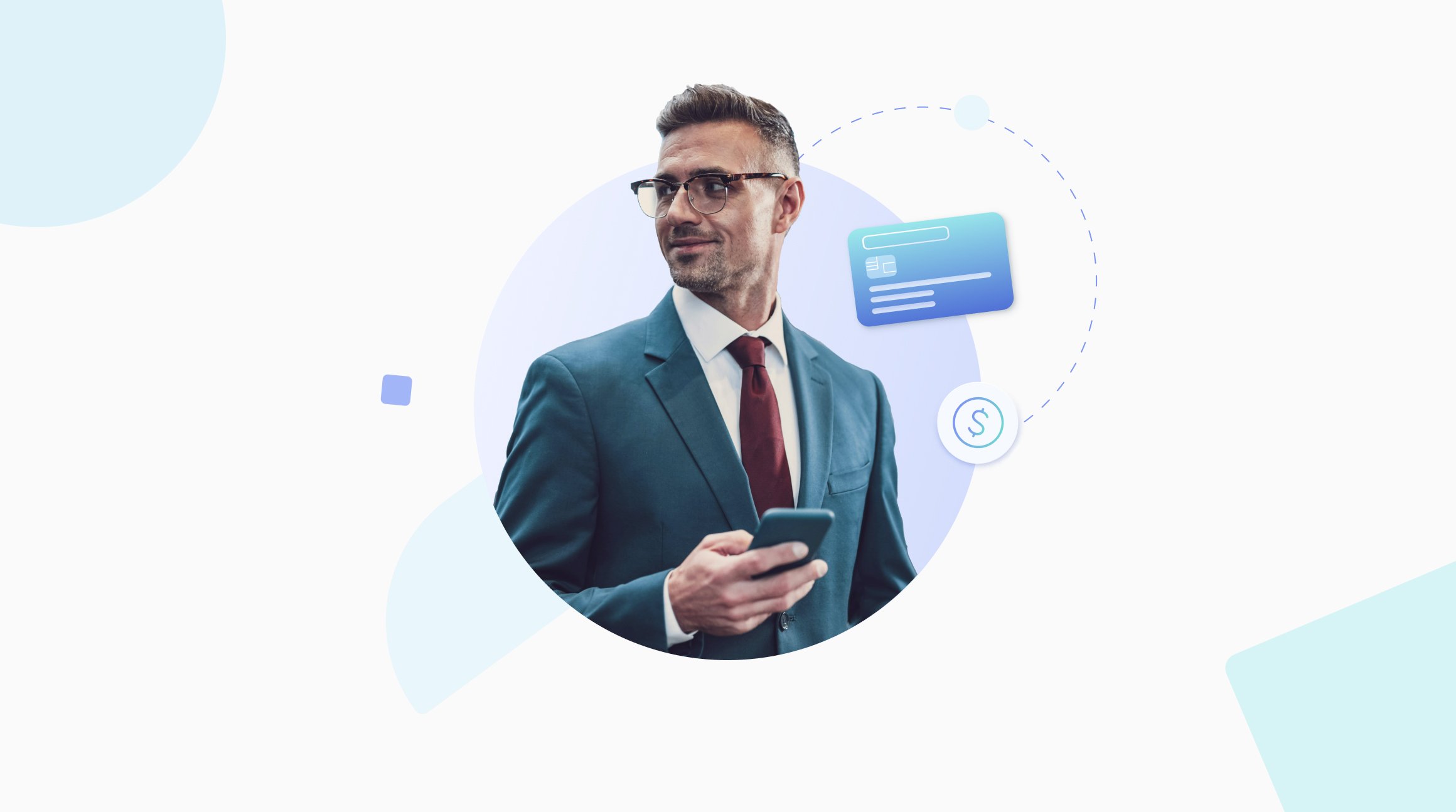 image of business man looking at a phone with illustration of a credit card